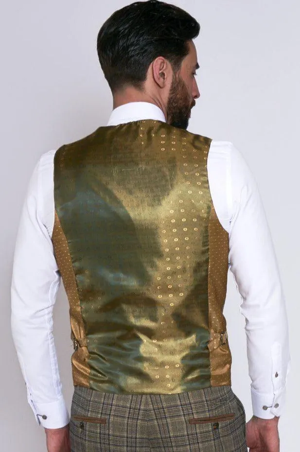 ENZO - Tan Check Tweed Single Breasted Waistcoat