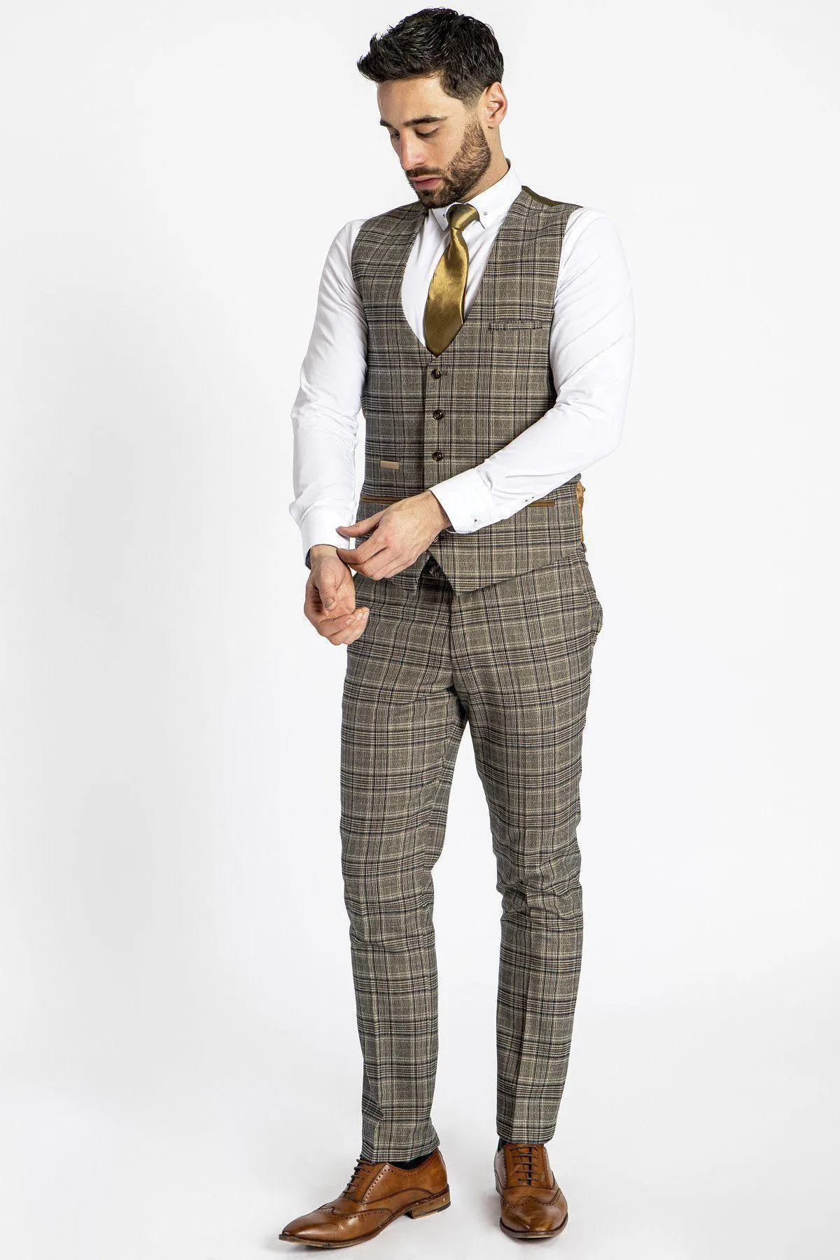 ENZO - Tan Check Tweed Single Breasted Waistcoat