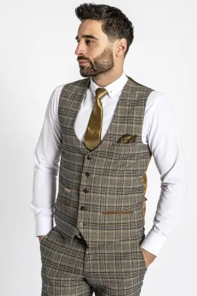 ENZO - Tan Check Tweed Single Breasted Waistcoat