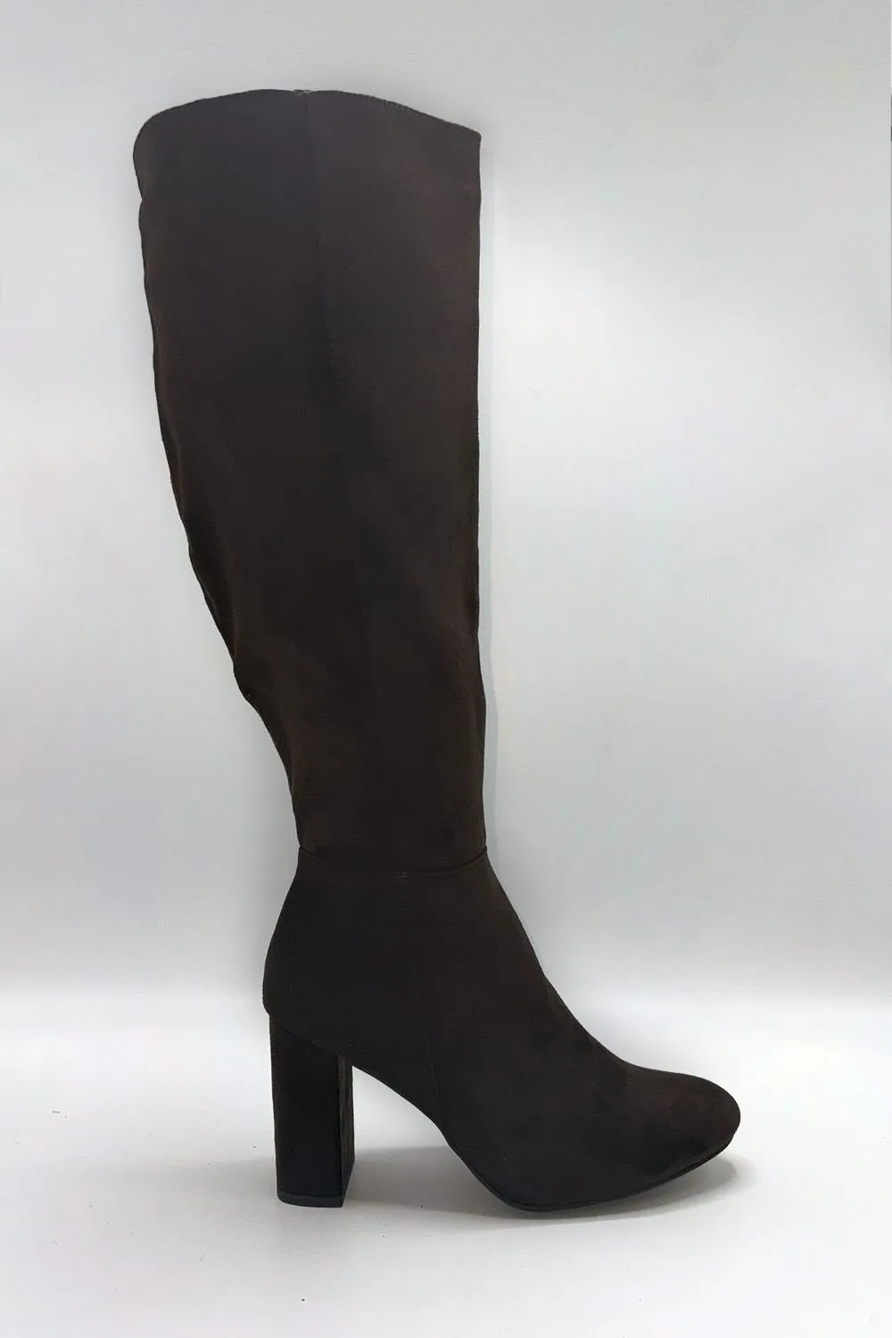 Geena Knee High Block Heel Wide Fit Boots in Chocolate