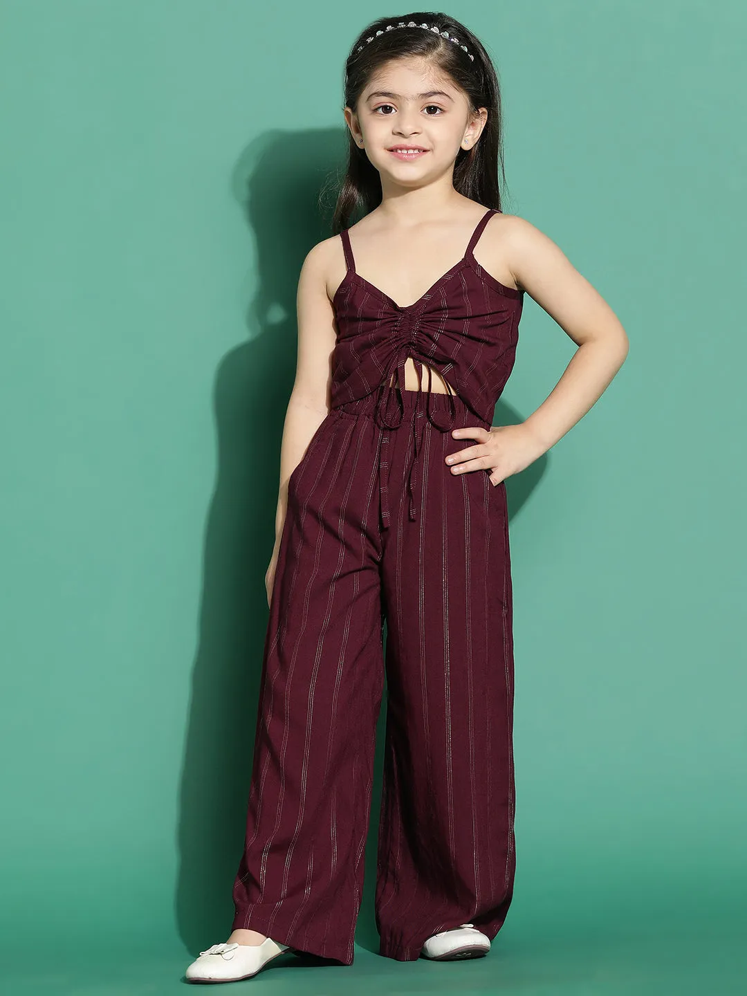 Girls Rayon Wine Striped Co-Ord Set