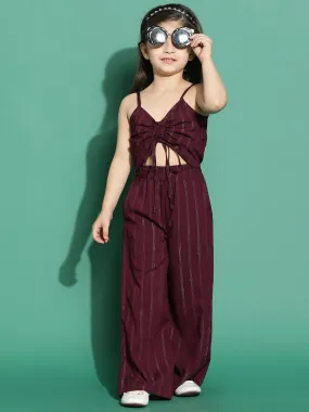 Girls Rayon Wine Striped Co-Ord Set