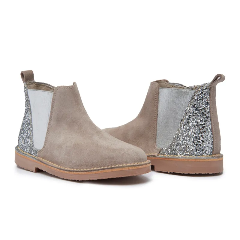 Glitter and Suede Chelsea Boots in Taupe