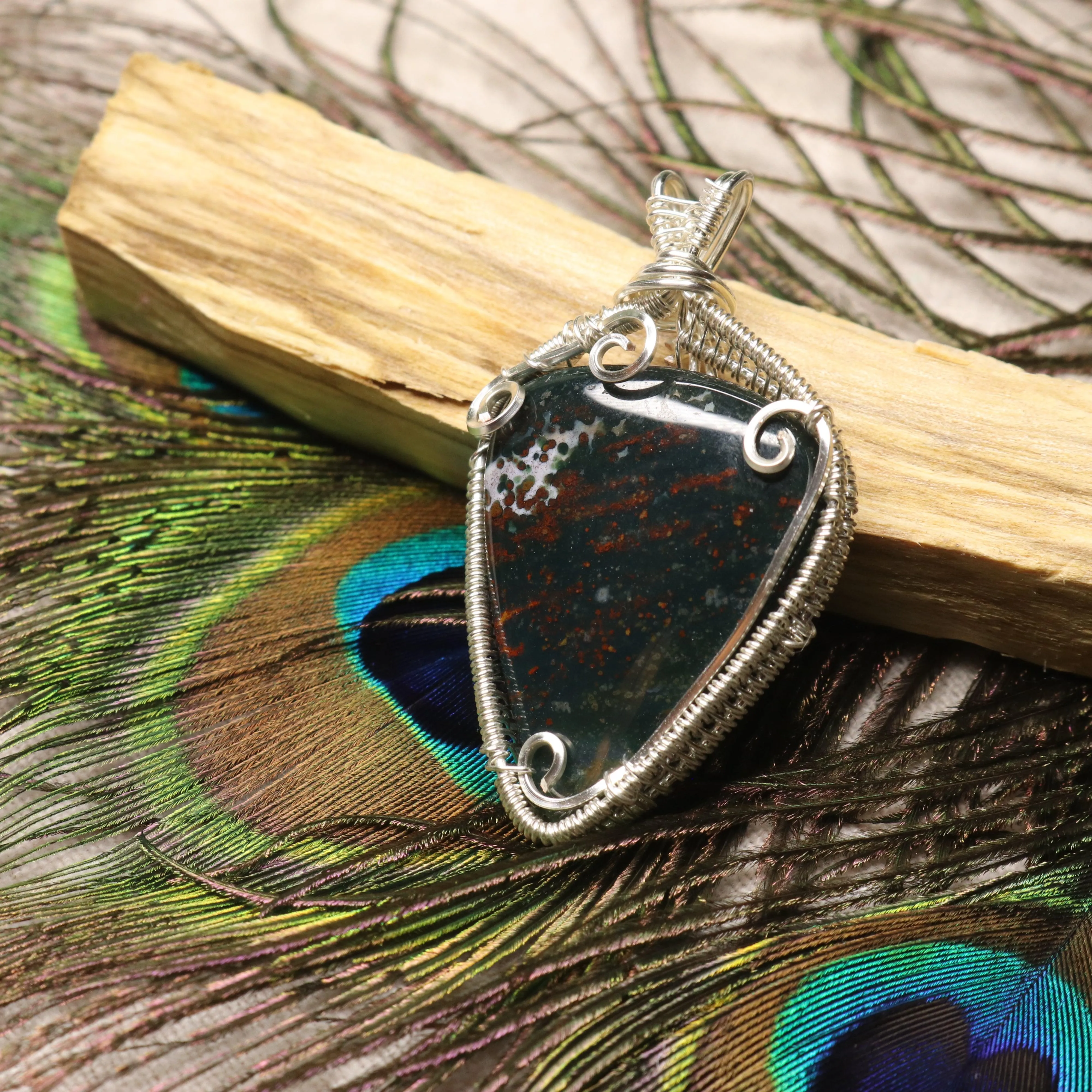 Handmade Wire Wrapped Bloodstone Pendant ~ Includes Silver Chain