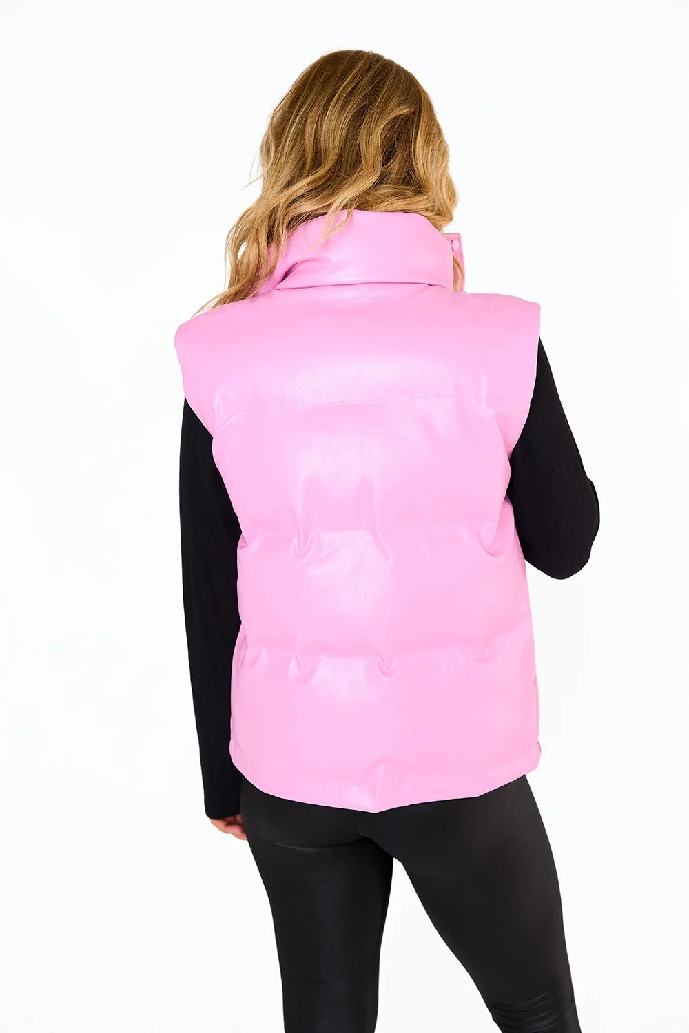 Helen Vegan Leather Puffer Vest - Bubble Gum