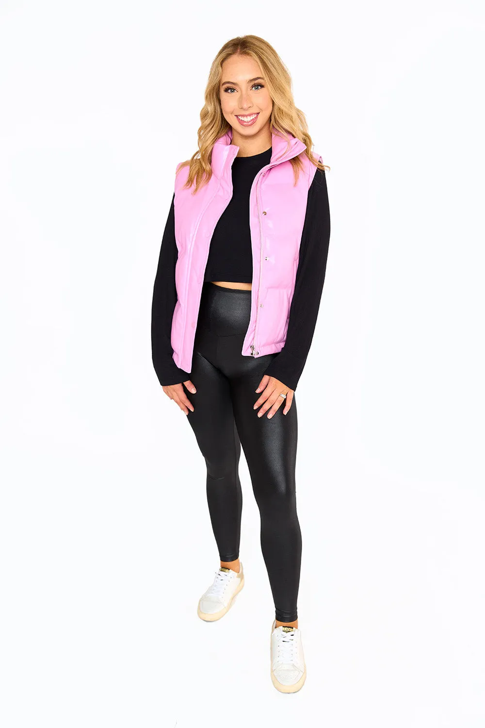 Helen Vegan Leather Puffer Vest - Bubble Gum