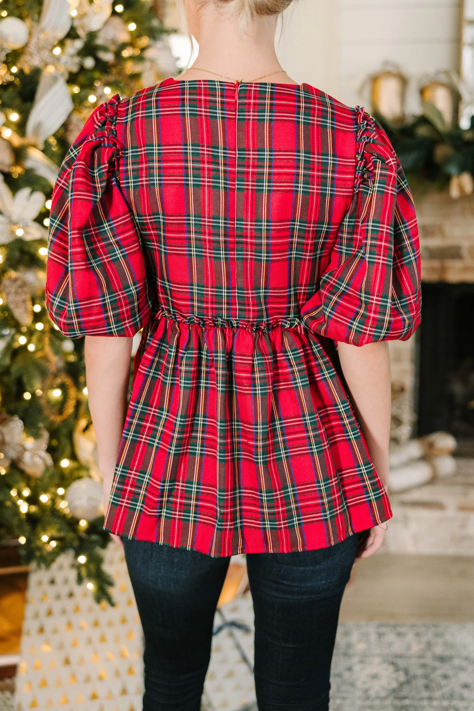 It's All Possible Red Tartan Plaid Babydoll Top