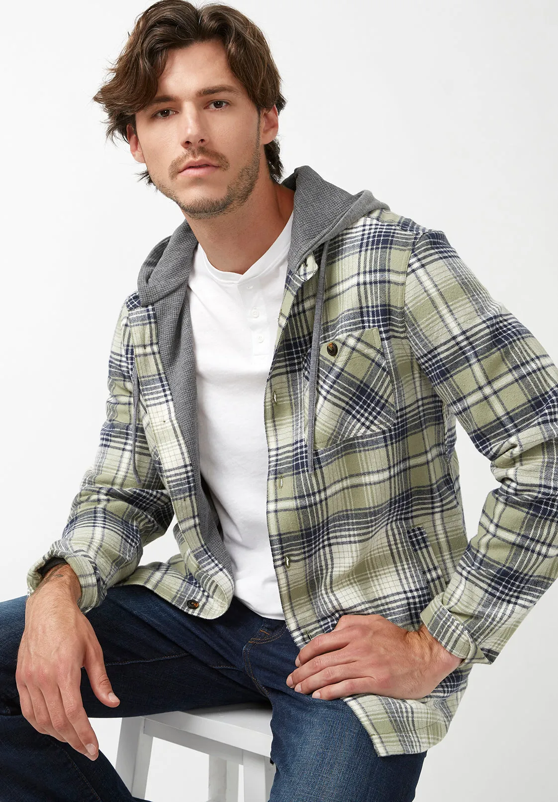 Jarvis Men's Hoodie Shacket in Green Grey Plaid - BM24218