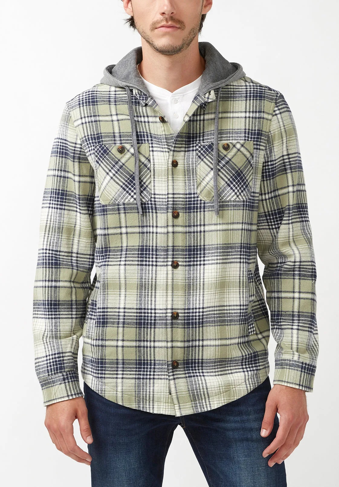 Jarvis Men's Hoodie Shacket in Green Grey Plaid - BM24218