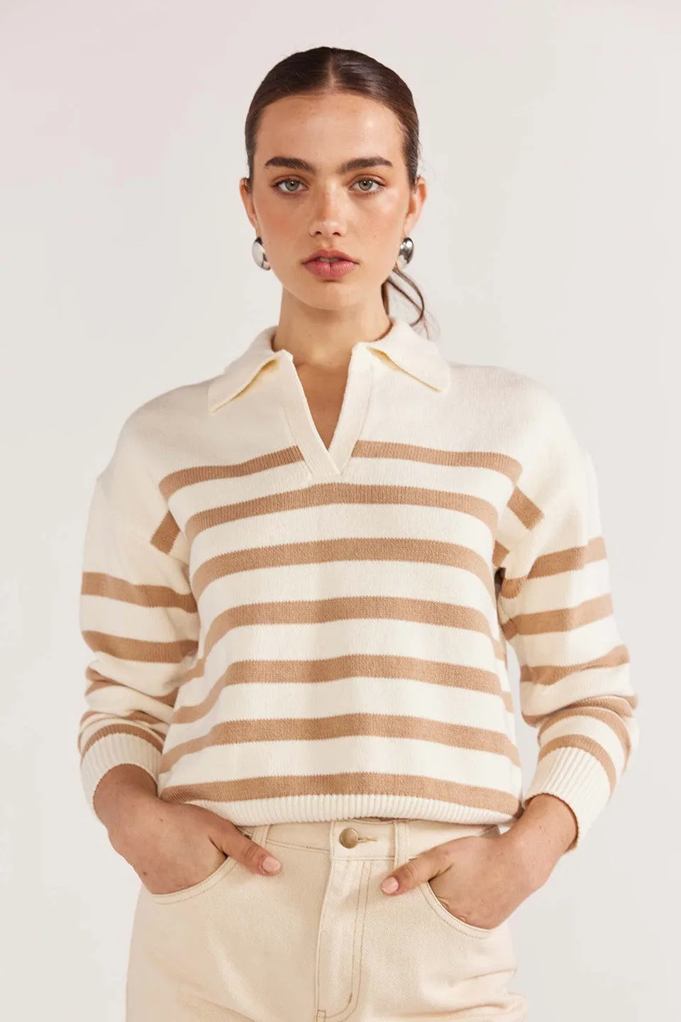 Kennedy White Natural Stripe Polo Knit Jumper