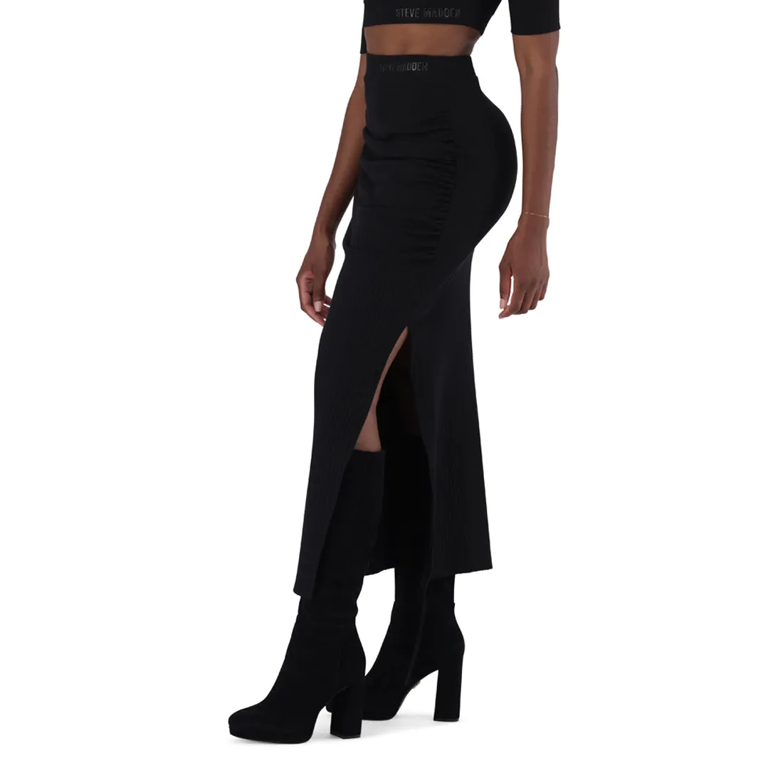 LAUREN BLACK HIGH WAISTED RIB BODYCON MAXI SKIRT