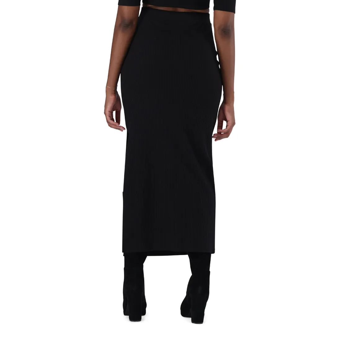 LAUREN BLACK HIGH WAISTED RIB BODYCON MAXI SKIRT