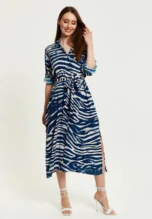 Liquorish Navy Zebra Print Midi Shirt Dress