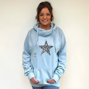 Luxury Cowl Neck Silver Leopard Star Hoodie - Sky