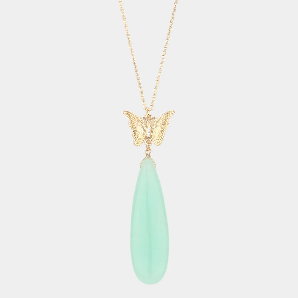 Mint Butterfly Natural Stone Teardrop Link Pendant Long Necklace