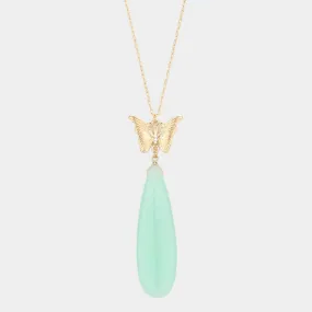 Mint Butterfly Natural Stone Teardrop Link Pendant Long Necklace