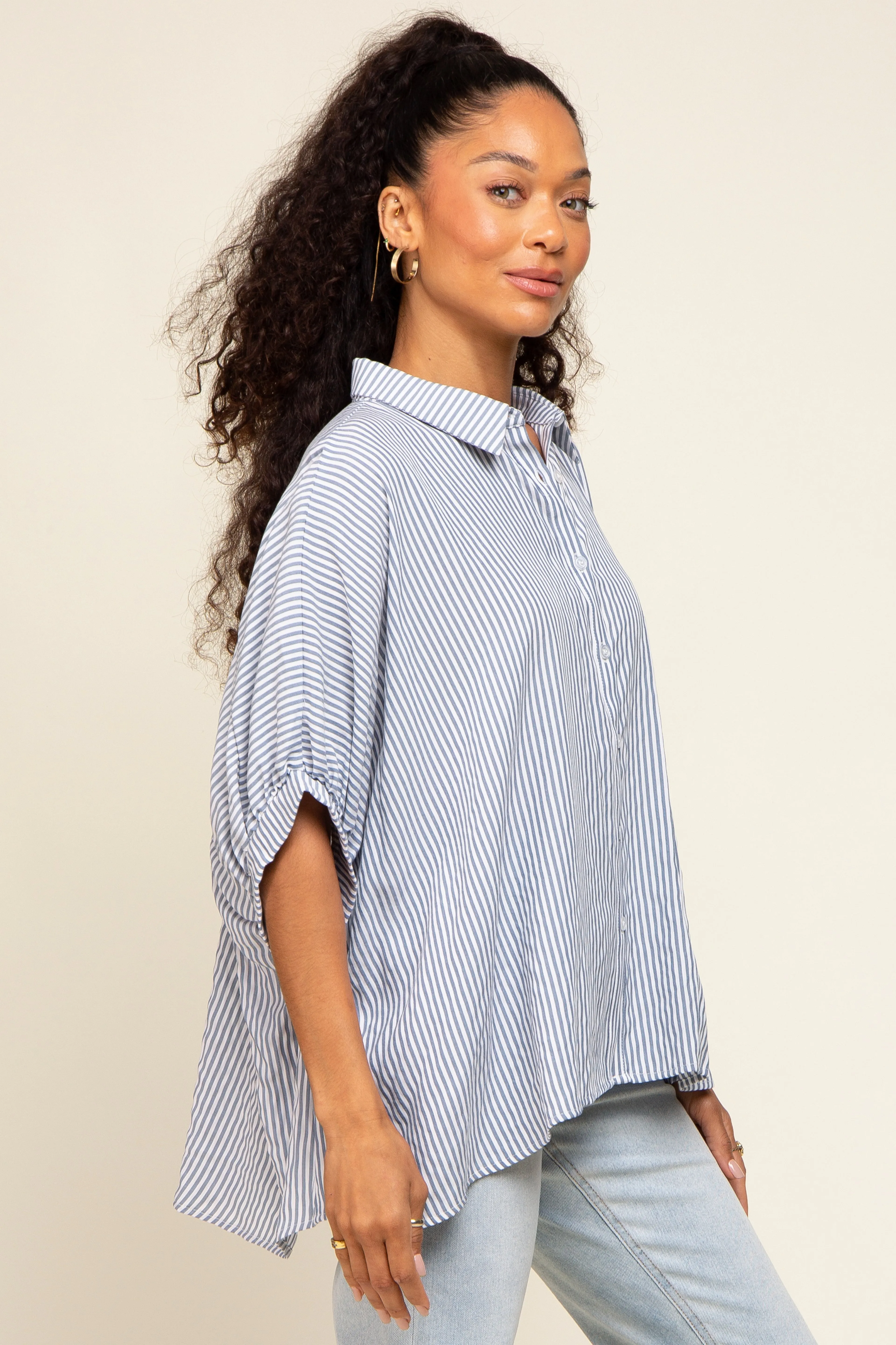 Navy Striped Dolman Button Down Top