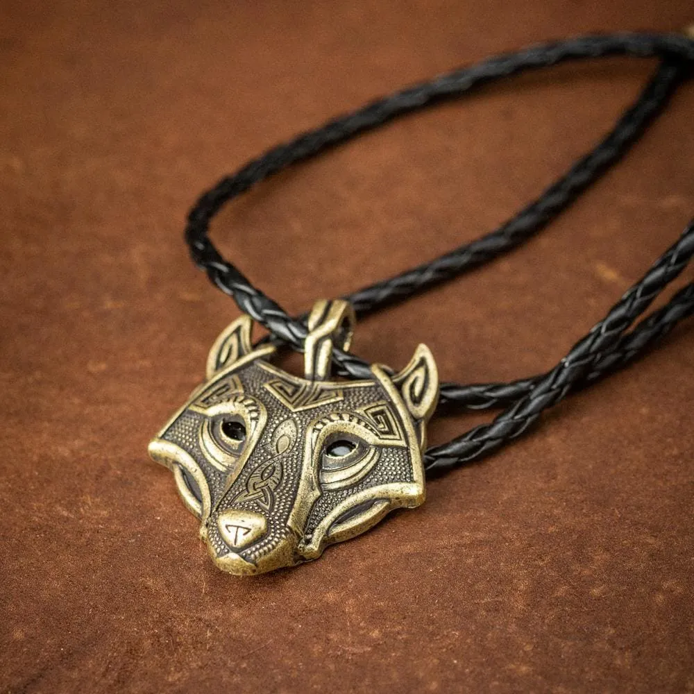 Norse Wolf Head Necklace - Leather Chain