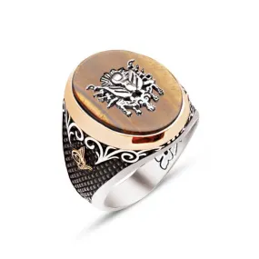 Ottoman Coat of Arms on Tiger Eye Stone Ellipse Silver Men’s Ring Siding Bush Pattern and Dimond Pattern and Ottoman Tughra