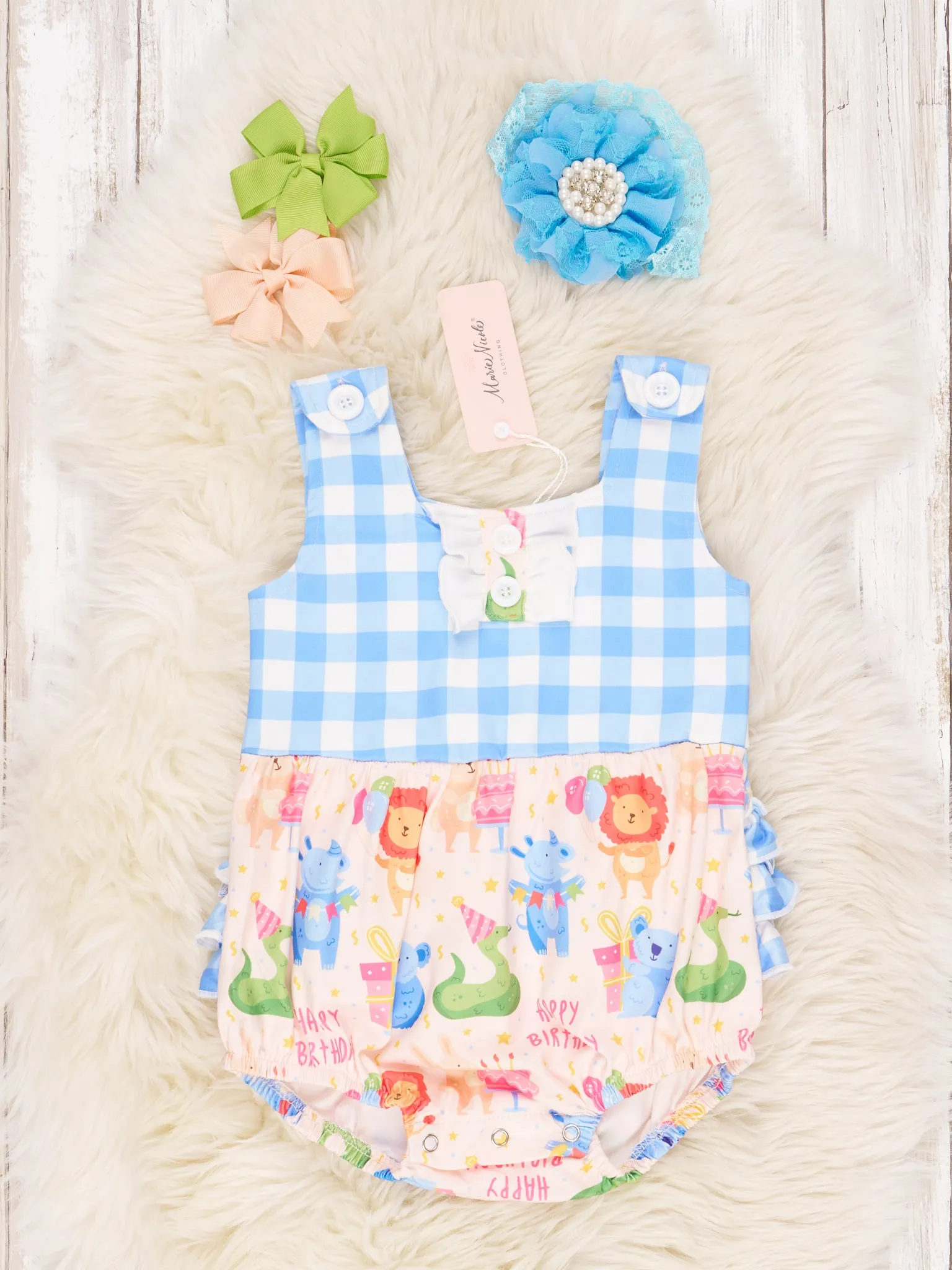 "Happy Birthday" Gingham Ruffle Romper