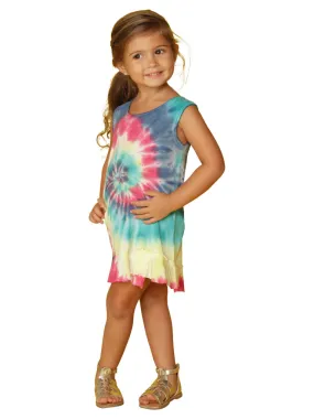 Rainbow tie-dyed asymmetrical dress cover up in a swirl pattern