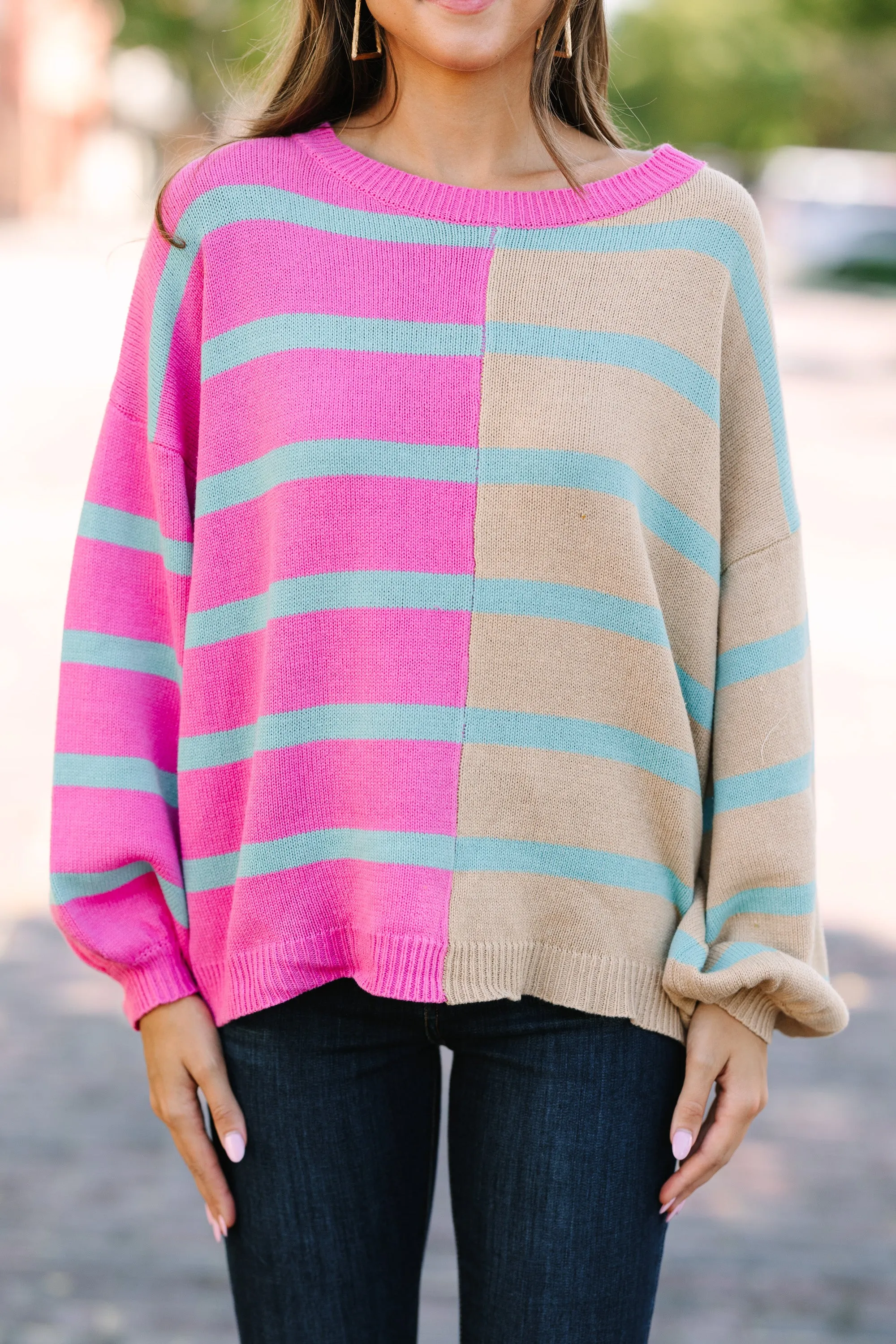 Ready For Anything Pink Striped Colorblock Sweater