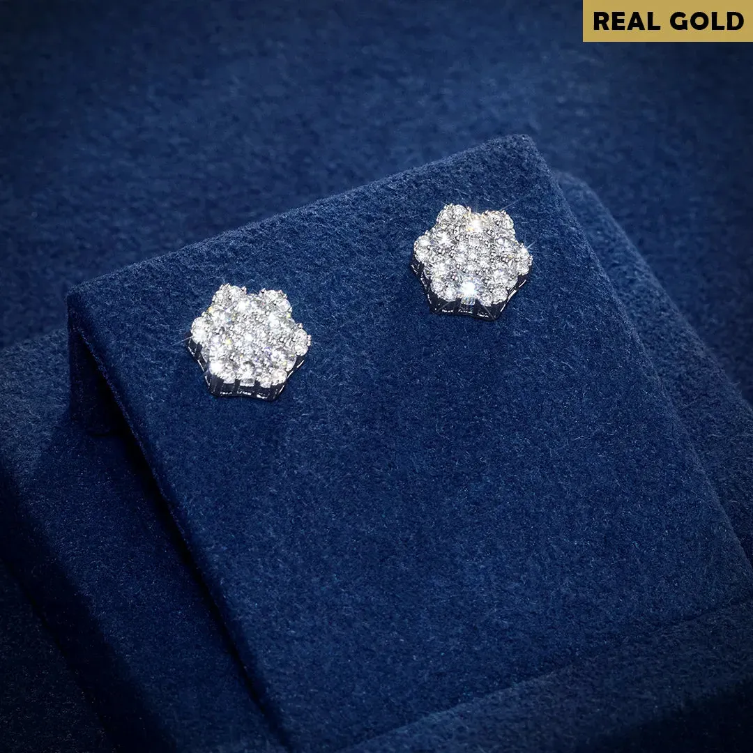 Real Gold Cluster Hexagon Earrings