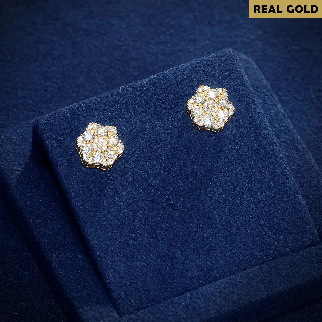 Real Gold Cluster Hexagon Earrings