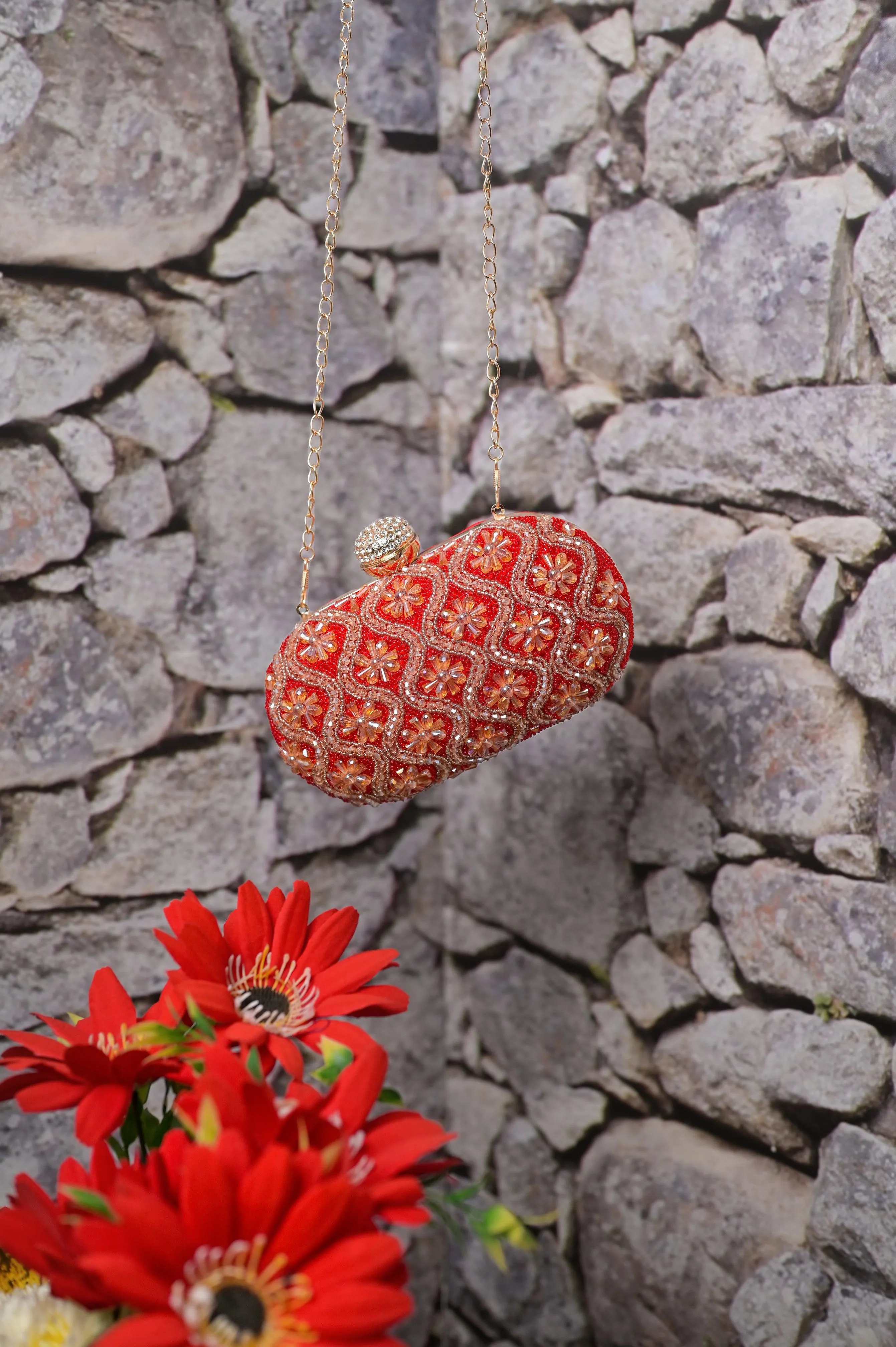 Red Color Designer Clutch Bag with Zari Embroidery