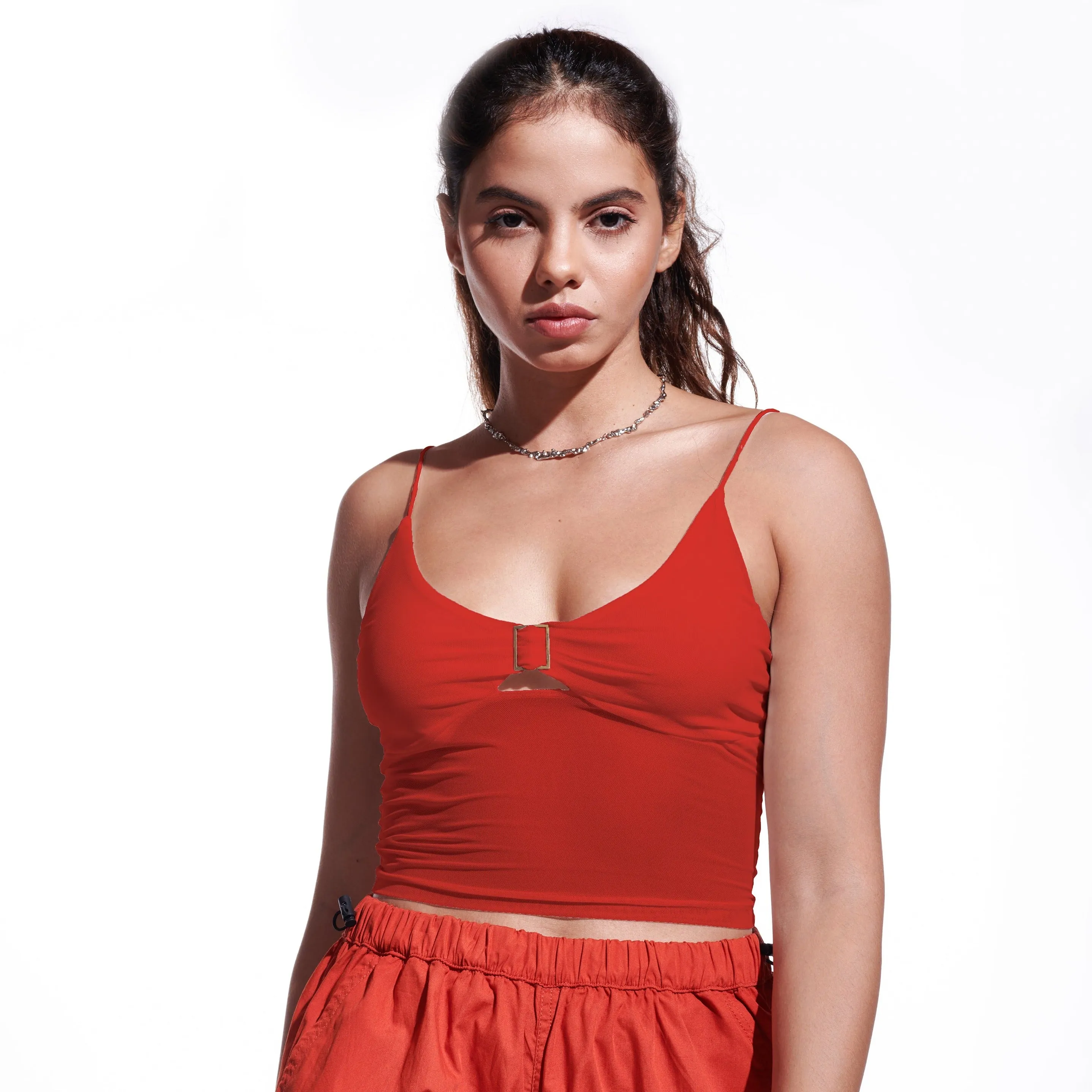 Red Mesh Buckle Tank Top