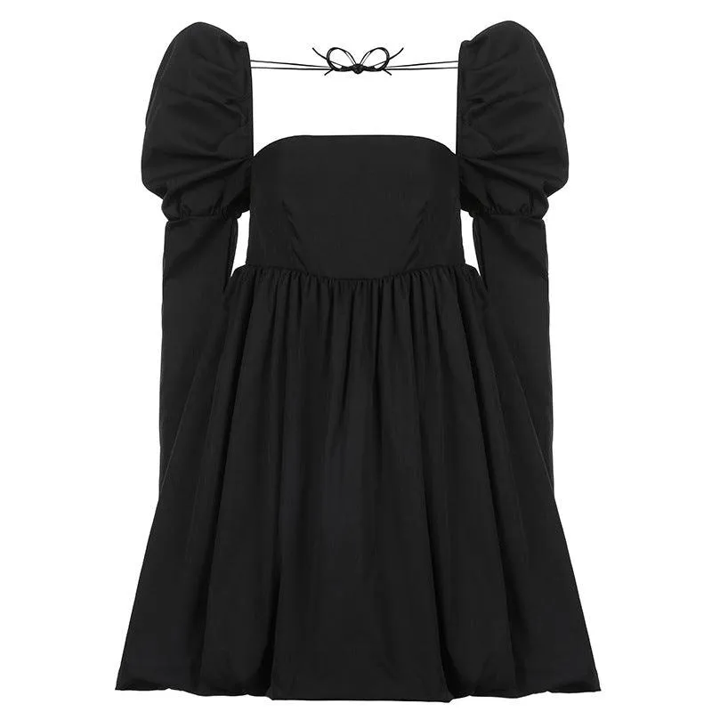 Retro Square Neck Waist Puffy Short Dress