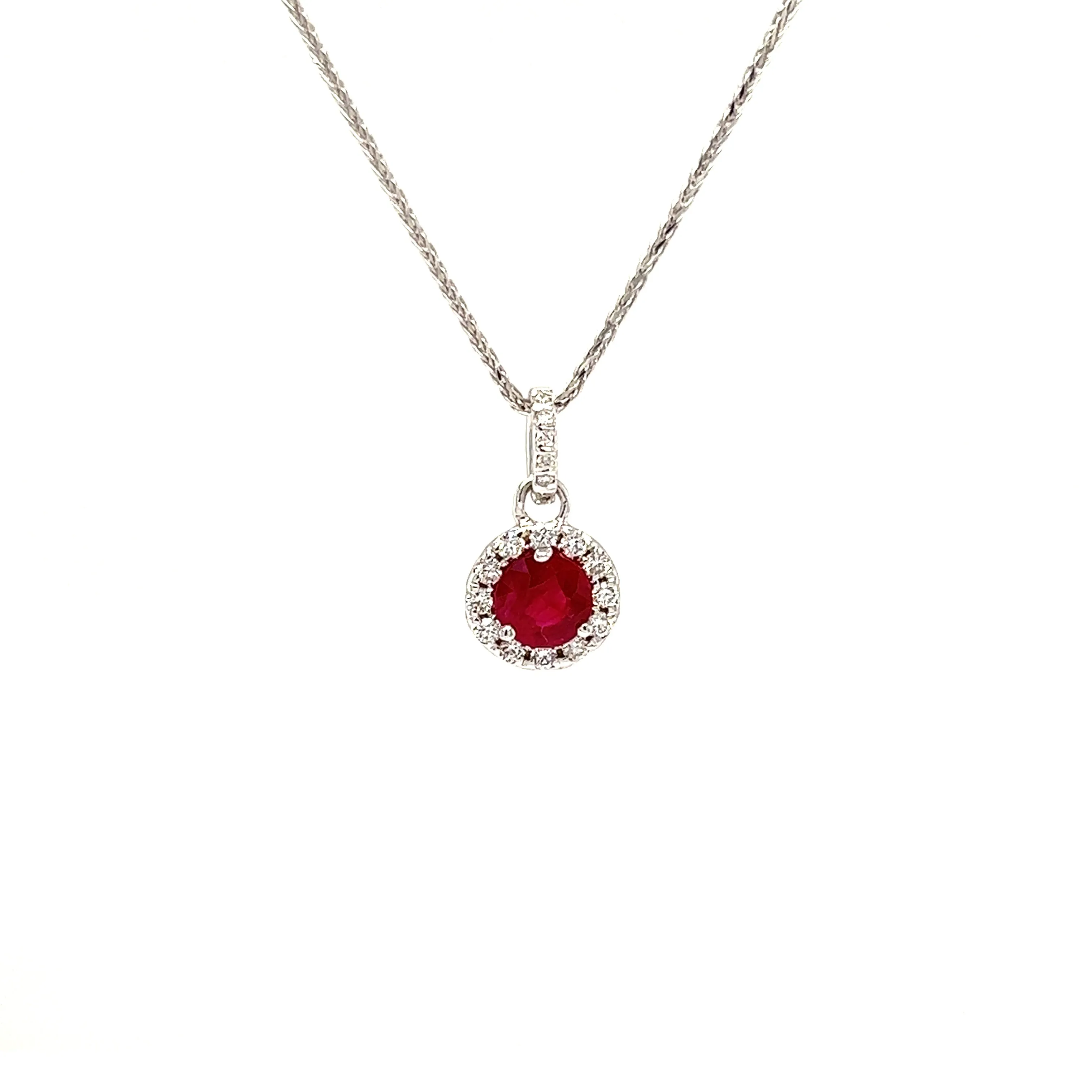 Round Ruby Pendant with Diamond Halo in 14K White Gold