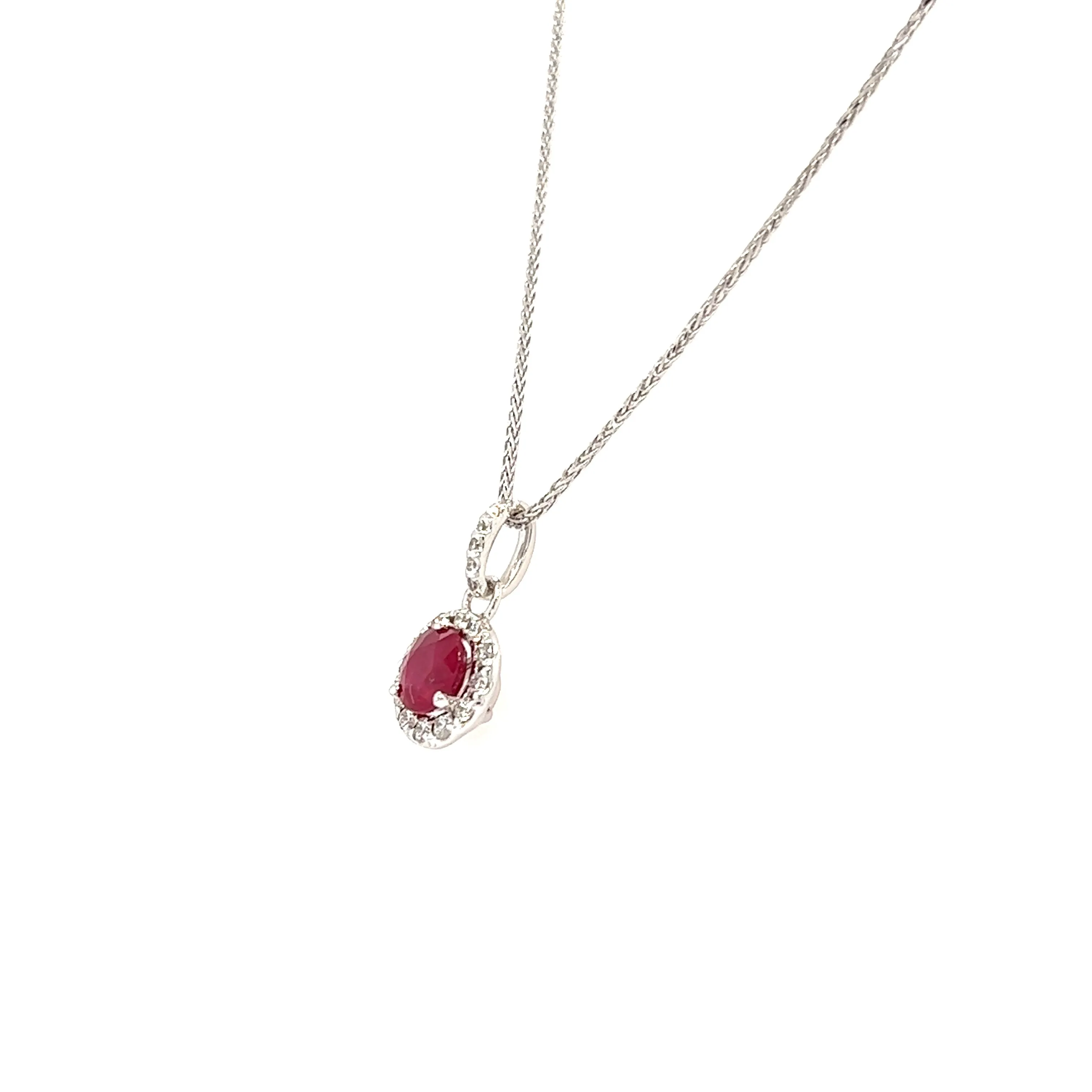 Round Ruby Pendant with Diamond Halo in 14K White Gold