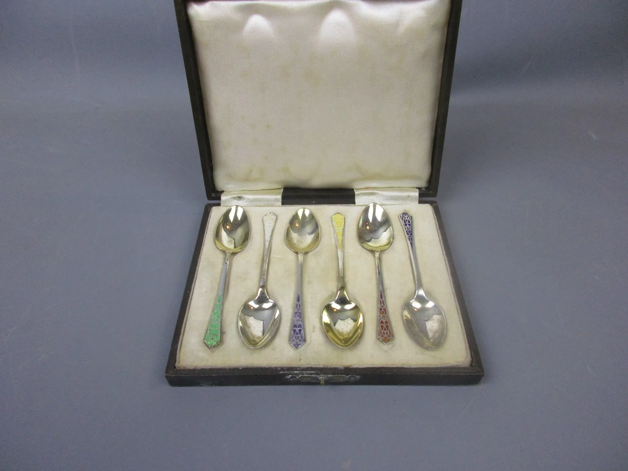 Set Of Sterling Silver Gilt & Colourful Enamel Spoons Antique Birmingham 1913