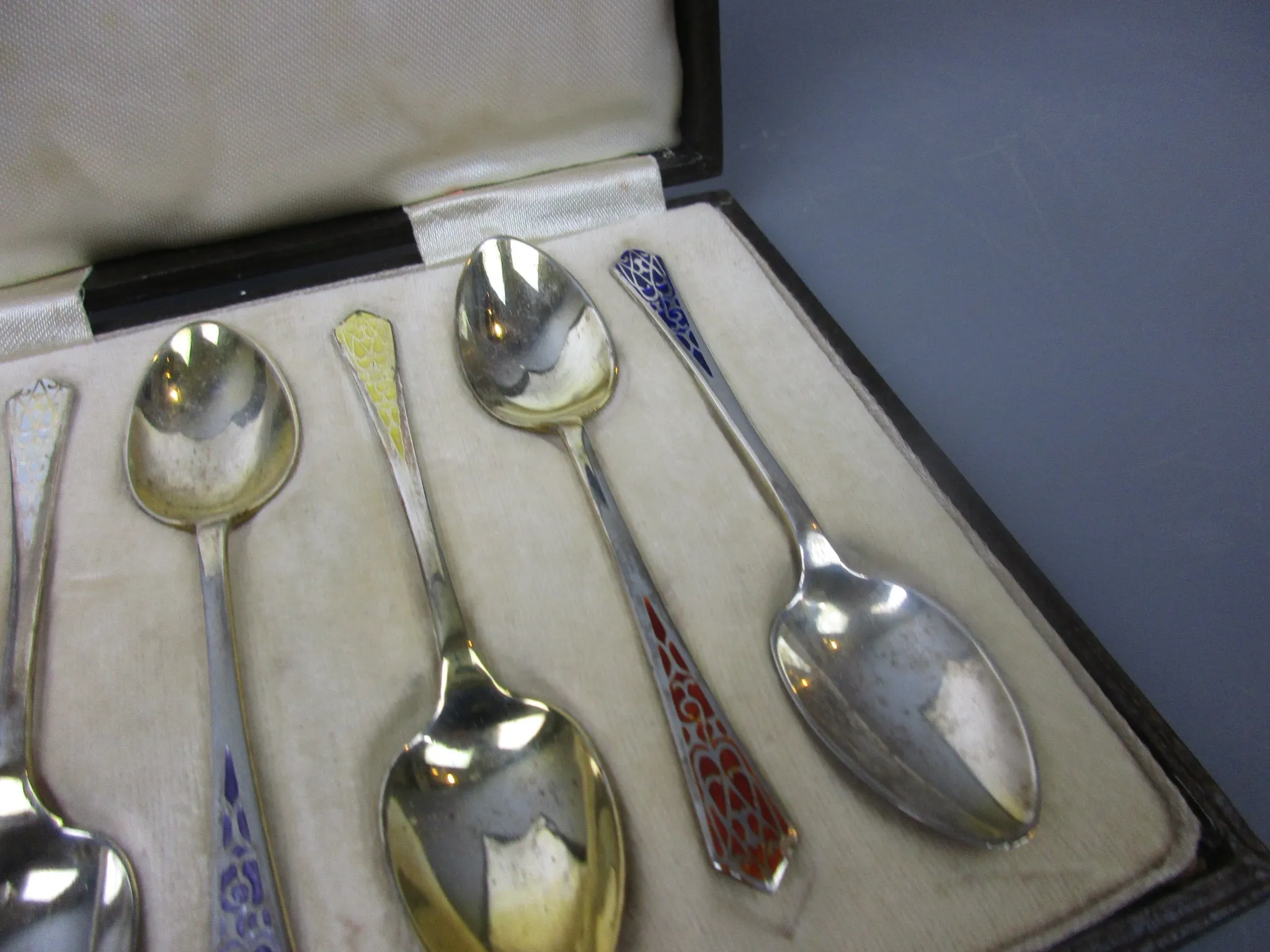 Set Of Sterling Silver Gilt & Colourful Enamel Spoons Antique Birmingham 1913