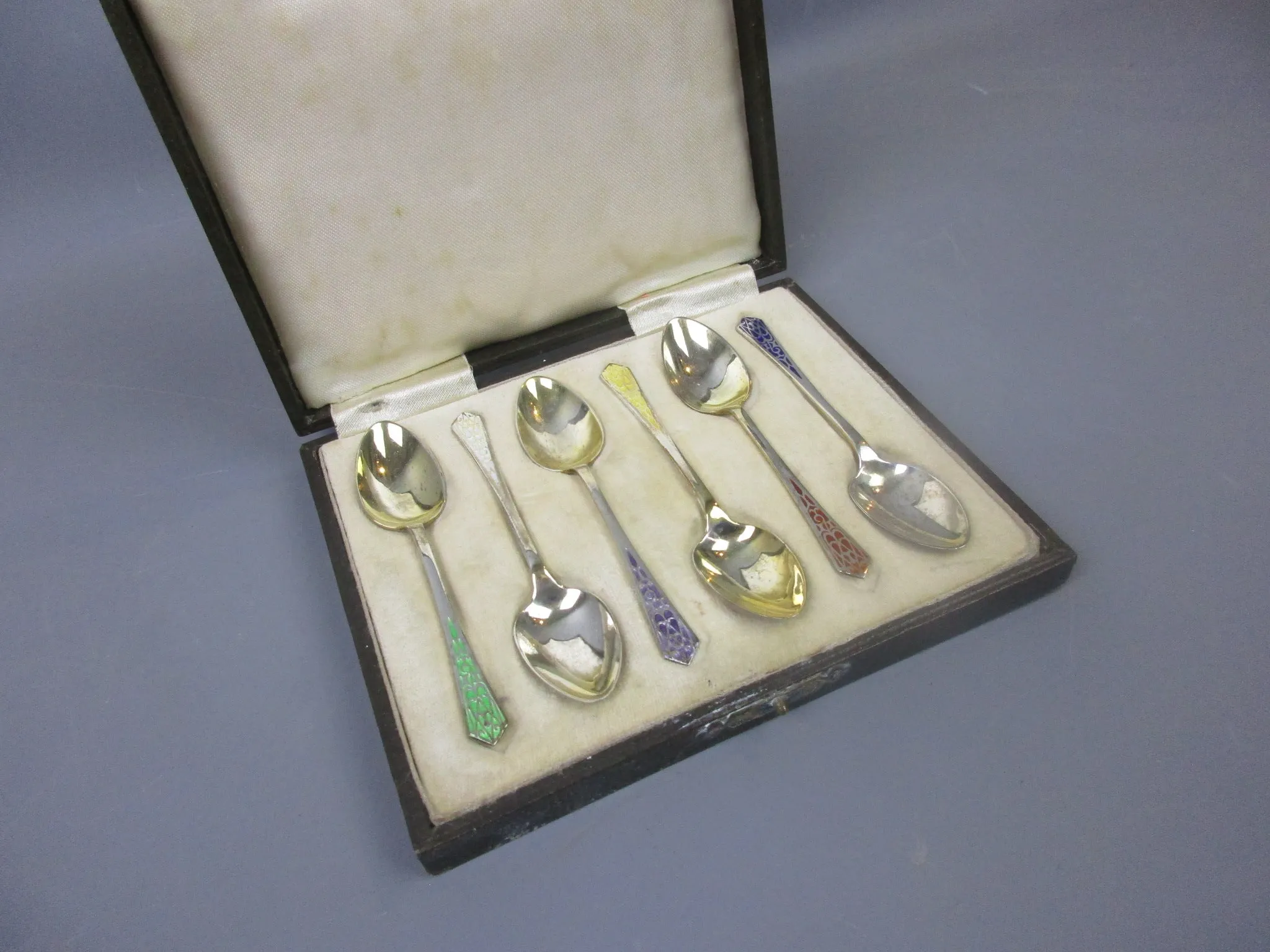 Set Of Sterling Silver Gilt & Colourful Enamel Spoons Antique Birmingham 1913