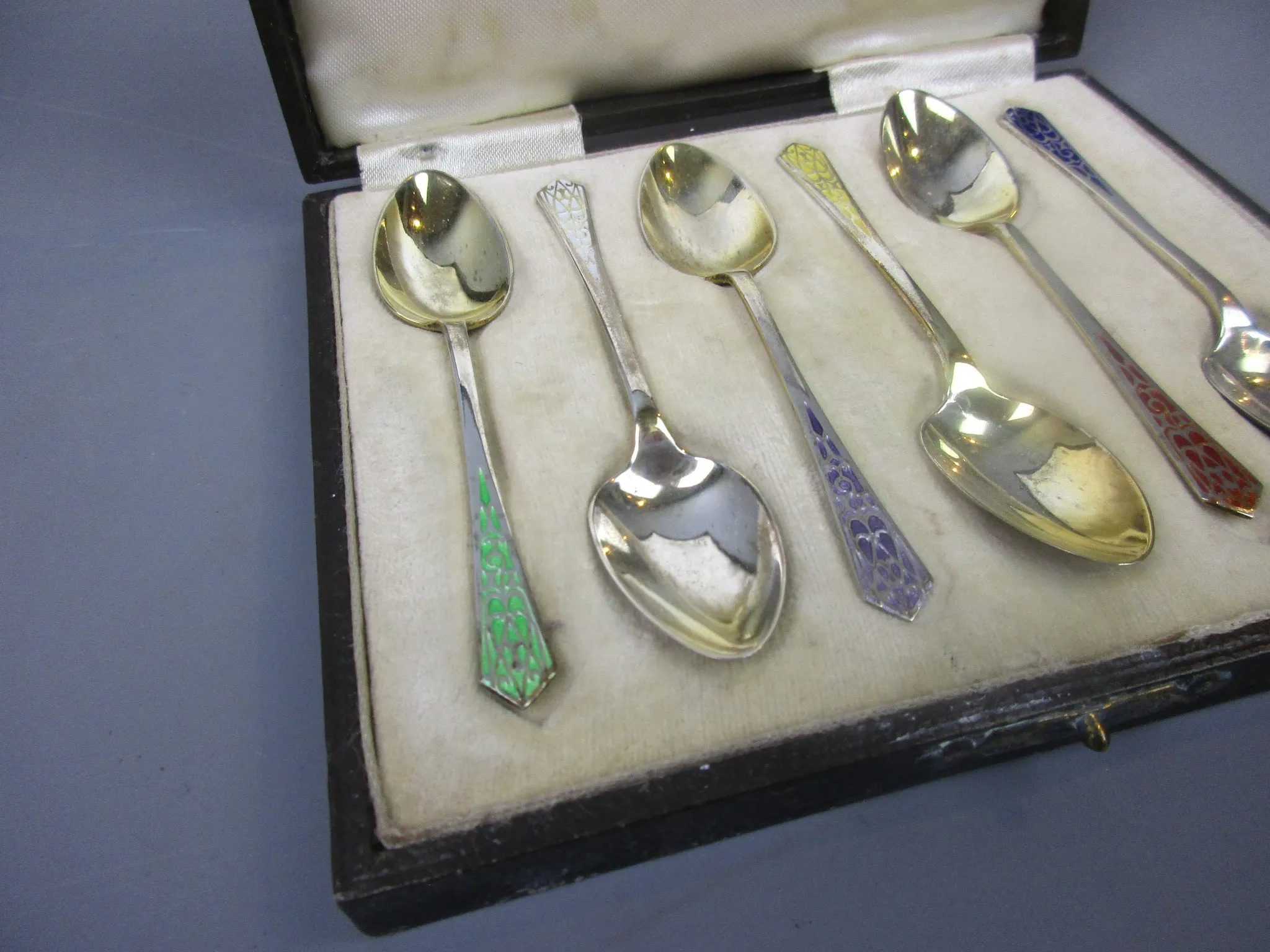 Set Of Sterling Silver Gilt & Colourful Enamel Spoons Antique Birmingham 1913