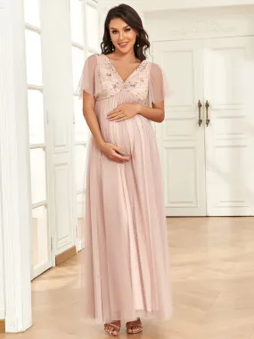 Short Sleeve V-Neck Sequin Tulle A-Line Maternity Dress