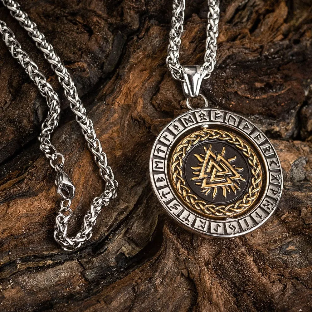 Stainless Steel Dual Colored Reversible Valknut and Vegvisir Necklace