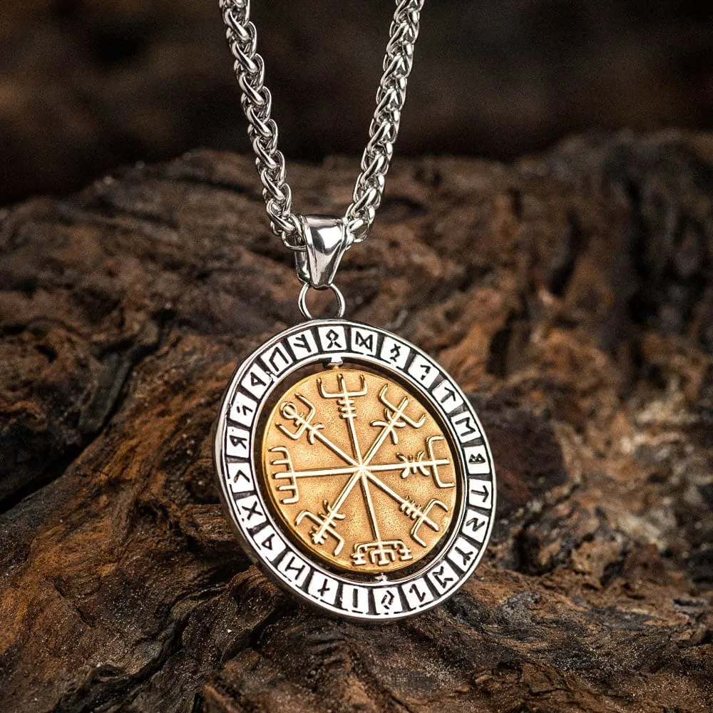 Stainless Steel Dual Colored Reversible Valknut and Vegvisir Necklace