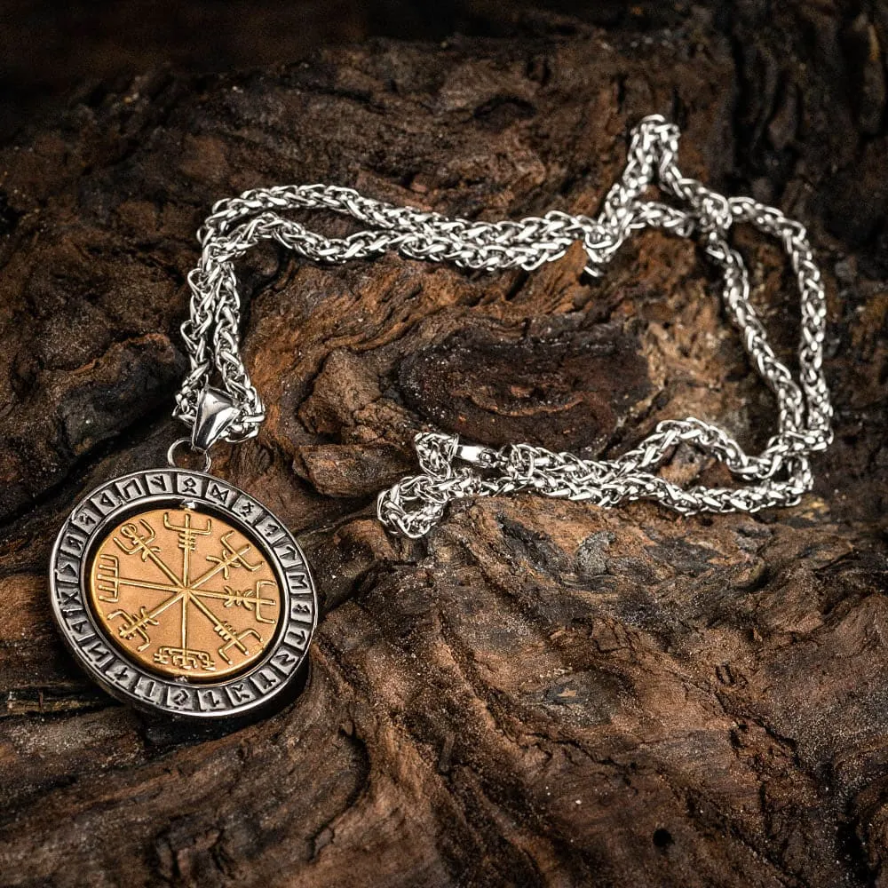 Stainless Steel Dual Colored Reversible Valknut and Vegvisir Necklace