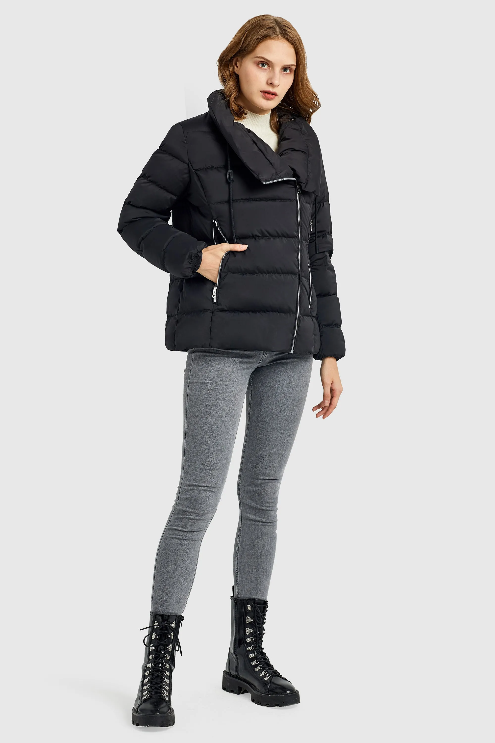 Stand Collar Oblique Placket Puffer Coat