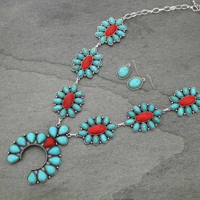 Turquoise and Coral Red Stone Squash Style Necklace Set