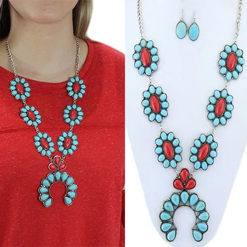 Turquoise and Coral Red Stone Squash Style Necklace Set