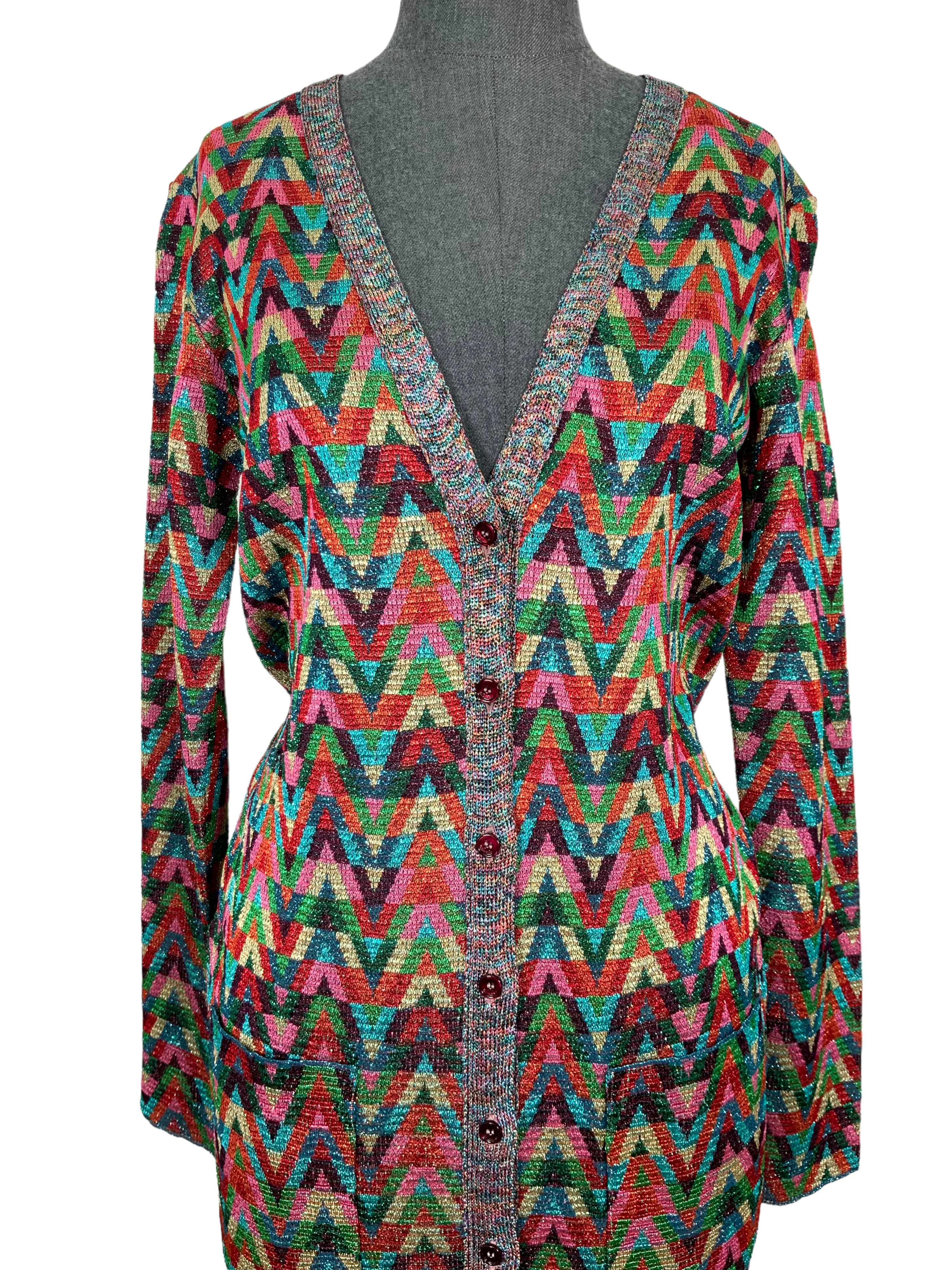 VALENTINO Jacquard Optical Pattern Lurex Long Cardigan Size S