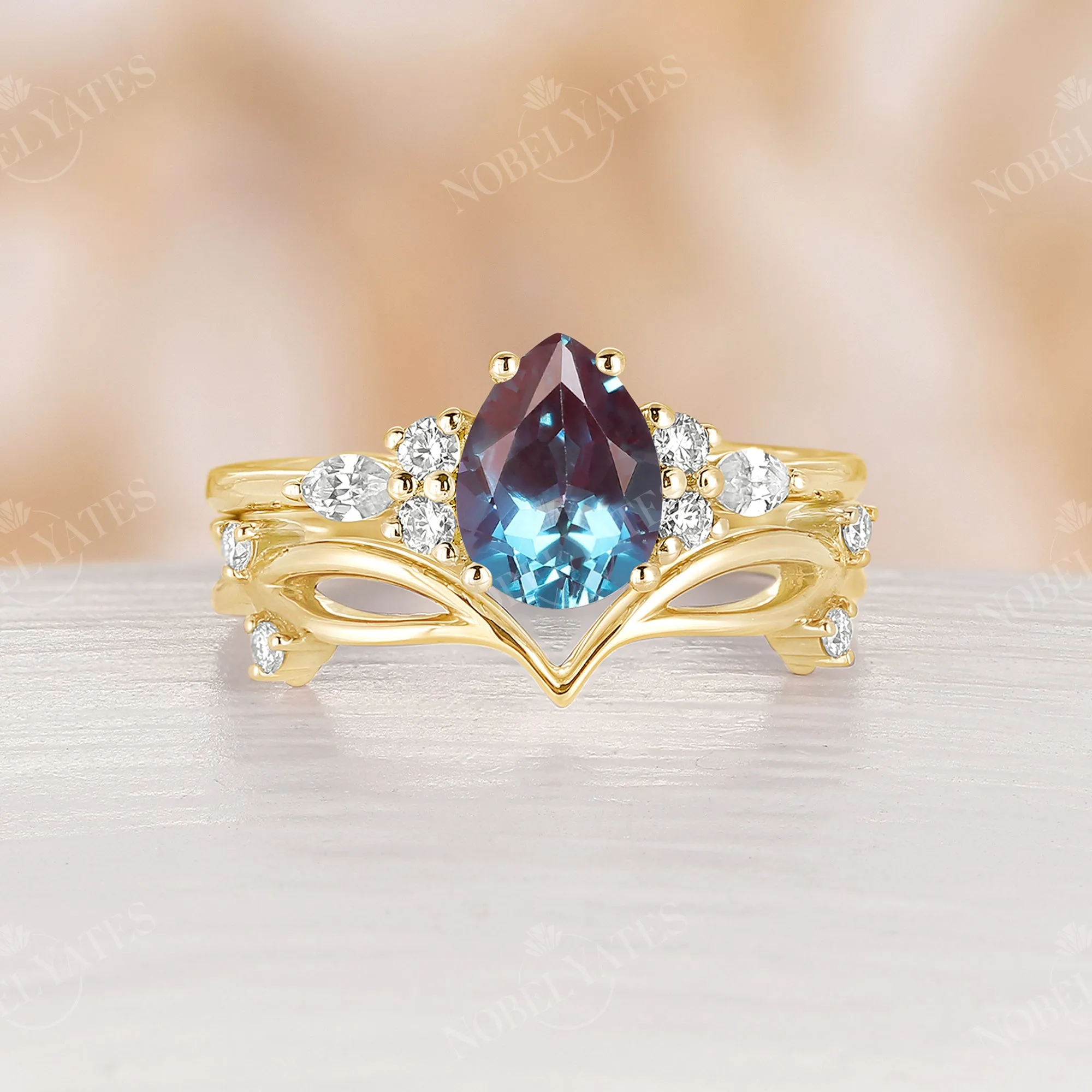 Vintage Lab Alexandrite Pear Cluster Engagement Ring Set Rose Gold