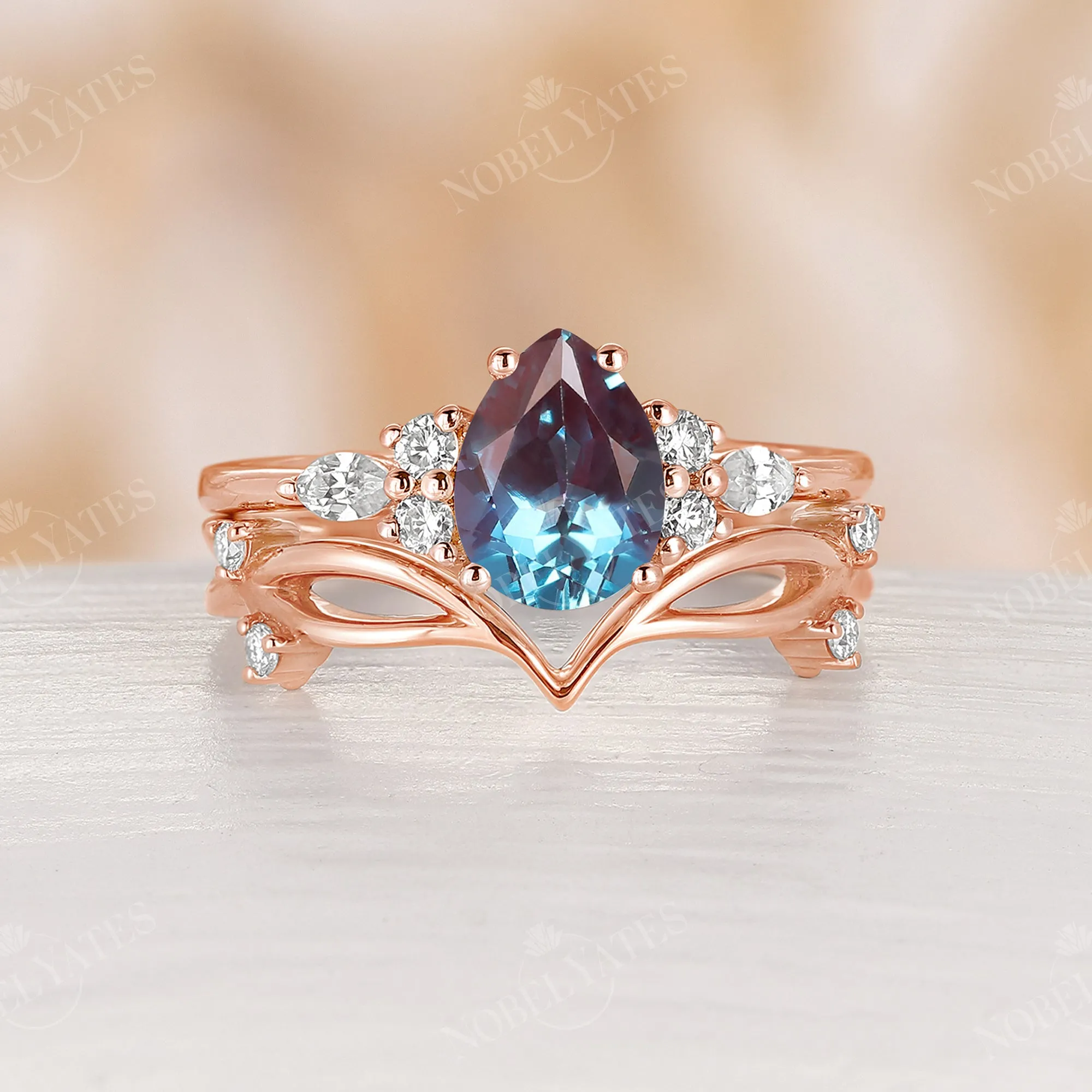 Vintage Lab Alexandrite Pear Cluster Engagement Ring Set Rose Gold