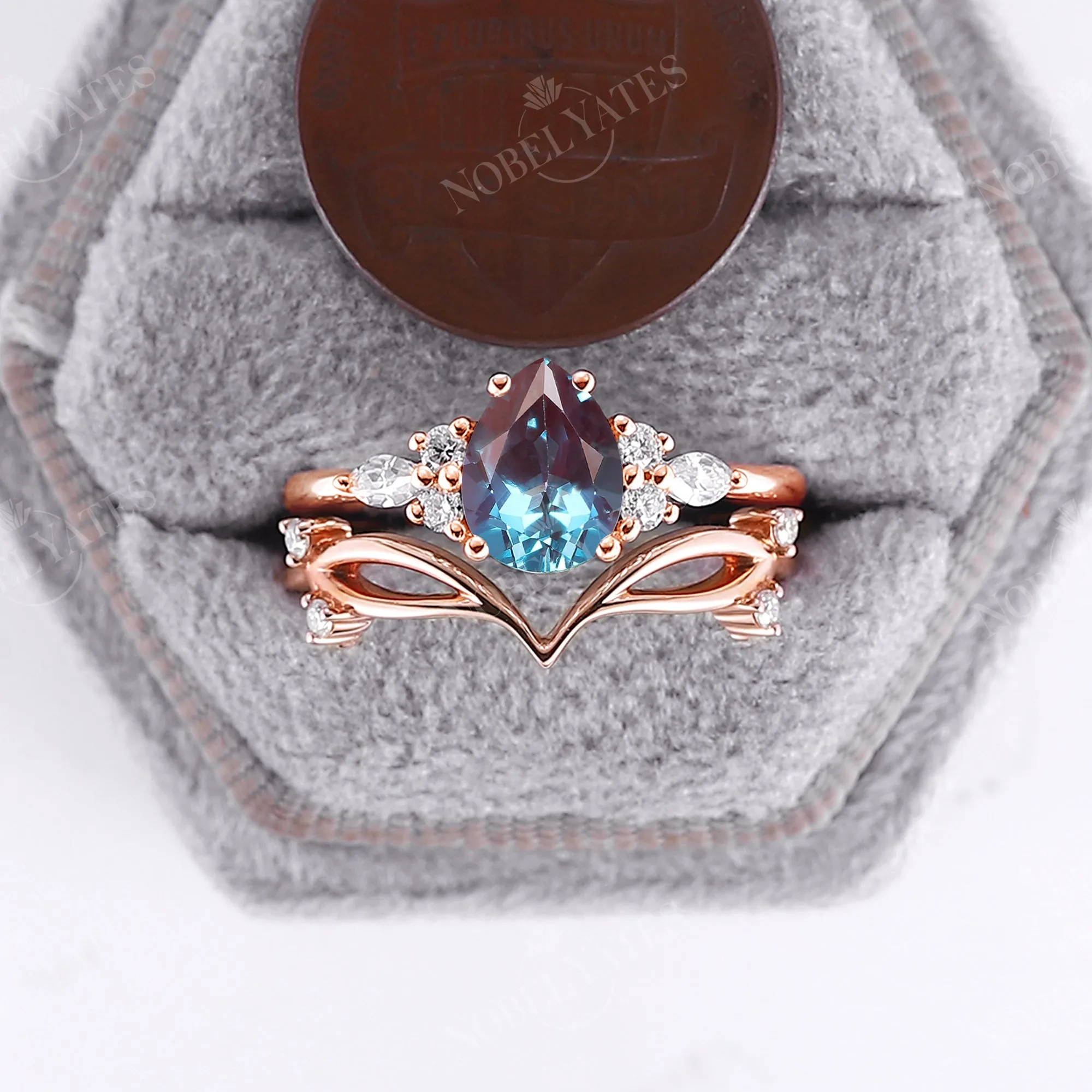 Vintage Lab Alexandrite Pear Cluster Engagement Ring Set Rose Gold