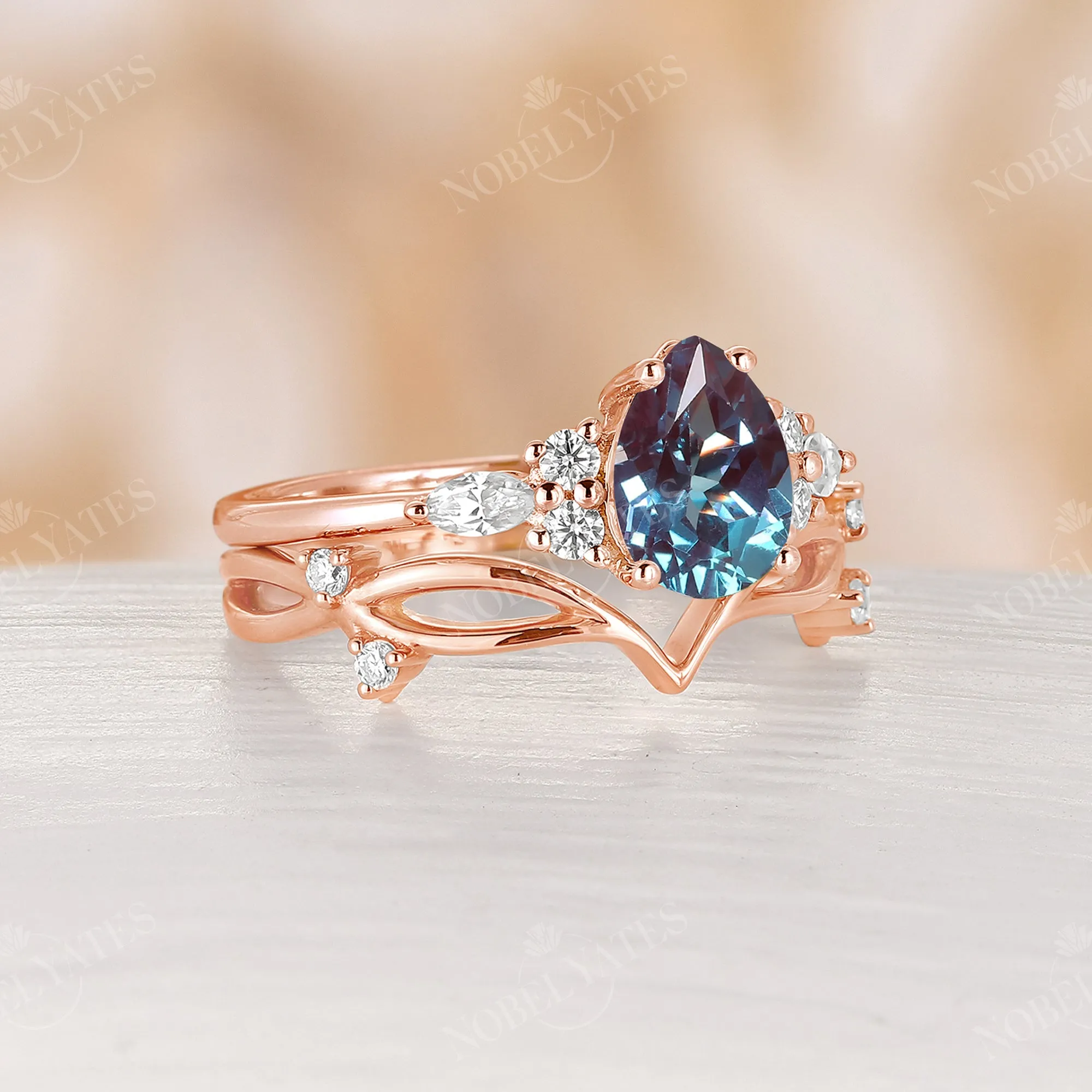 Vintage Lab Alexandrite Pear Cluster Engagement Ring Set Rose Gold