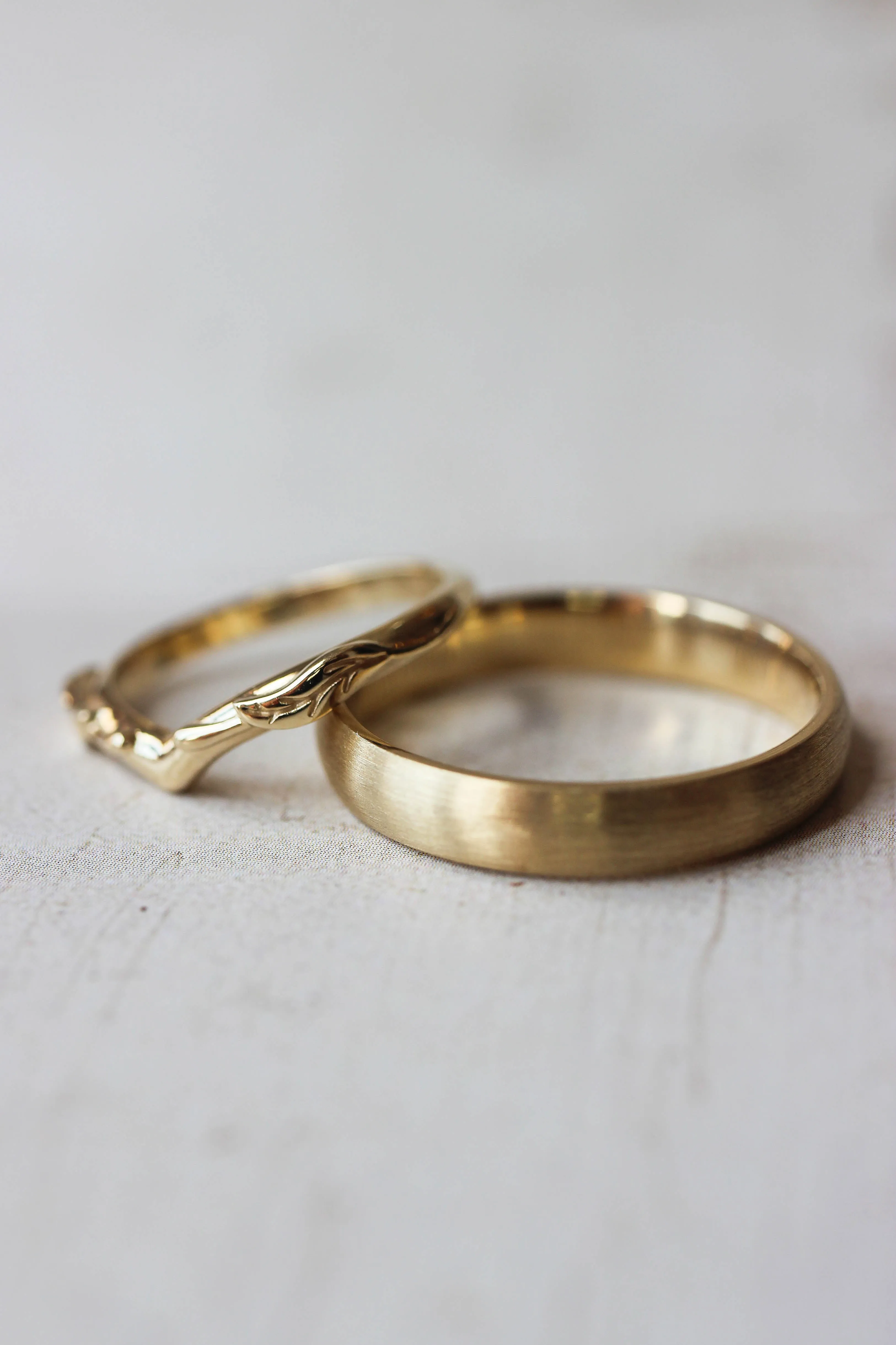 Wedding bands set for couple: satin band for him, Wisteria band for her